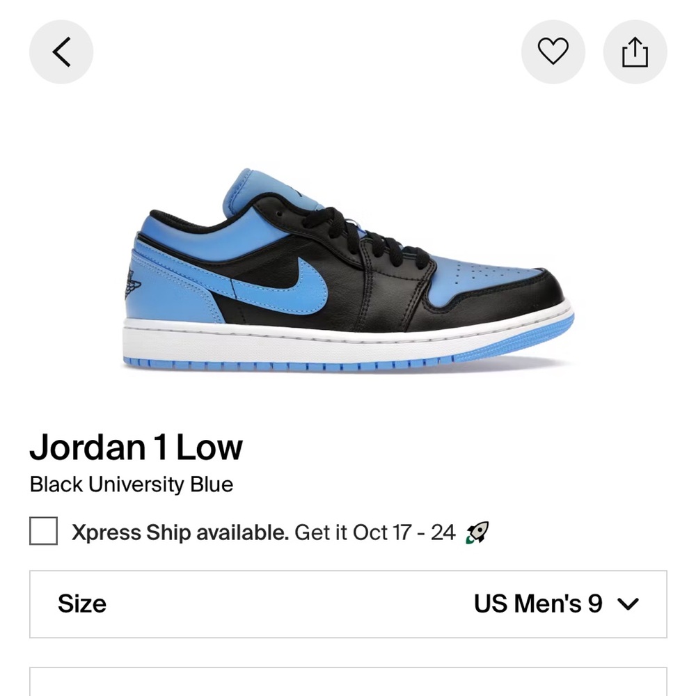 Men’s Jordan 1 low university blue black size 9